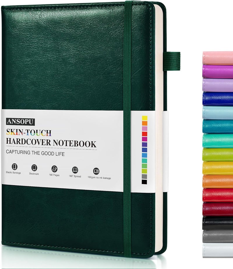 Ansopu Lined Journal Notebook for Writing, A5 100 GSM Thick Paper, Leather Hardcover Journal for Woman Men, Travel Journal Diary 160 Pages(5.75'' X 8.38'' Darkgreen) - Image 1